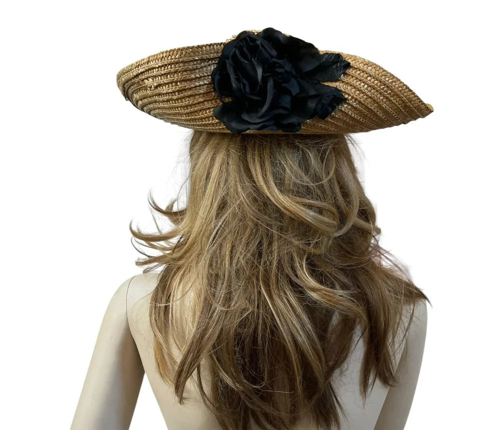 Vintage Wide Brim Natural Straw Sun Hat Black Satin Rose Flower Accent VG